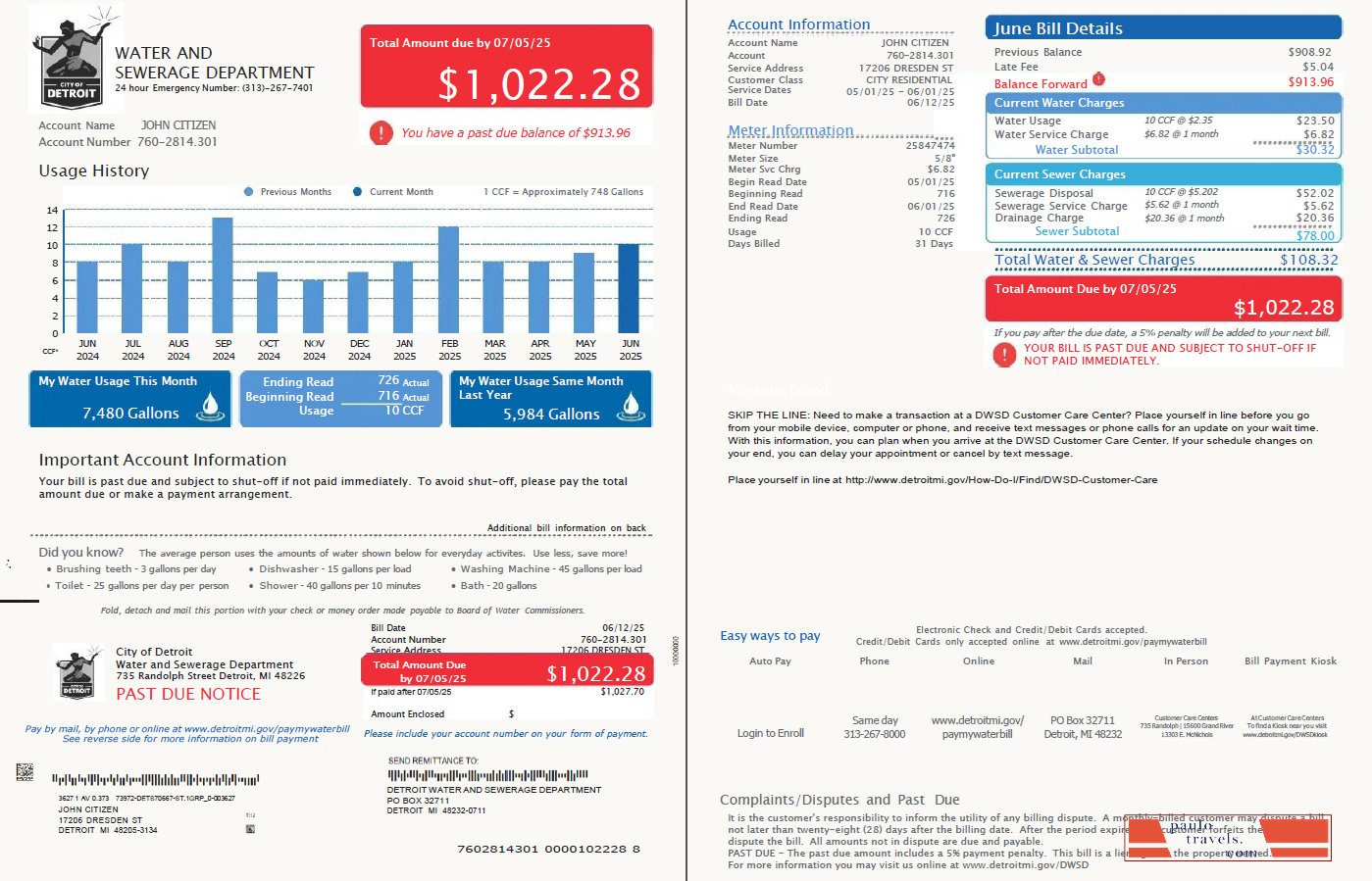 USA Detroit Water and Sewerage Department utility bill template in Word and PDF formats, 2 pages, version 4
